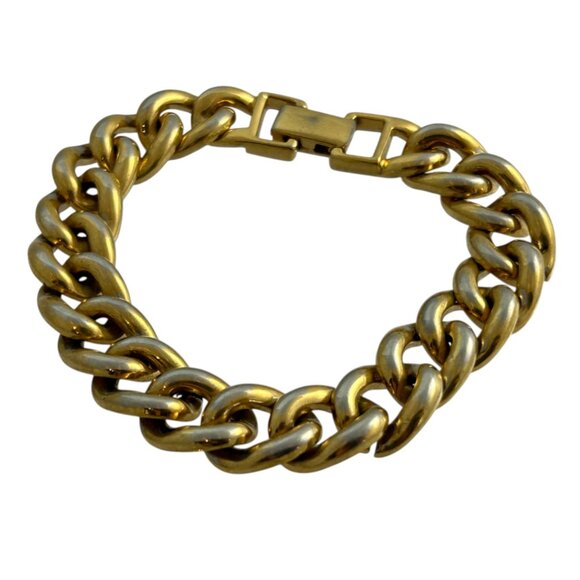Vintage Napier Gold Tone Chunky Curb Chain Bracelet Fold Over Clasp 8" Retro - Picture 1 of 6